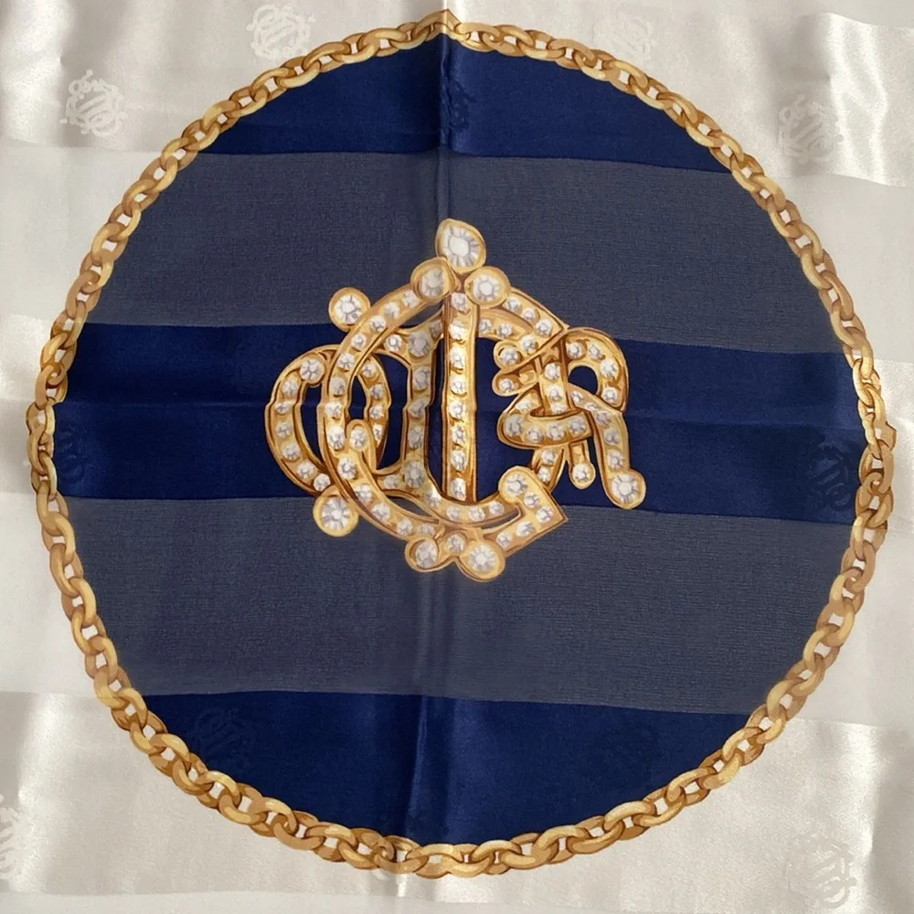 Christian Dior 100% silk scarf. Deep rich, navy blue gold cream color 34 x34